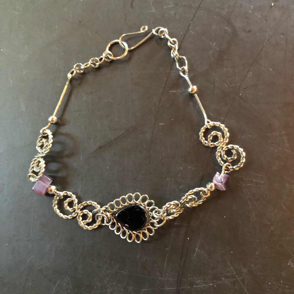 Vintage Inspired Silver Tone Filagree Bracelet with Purple Gem Stones